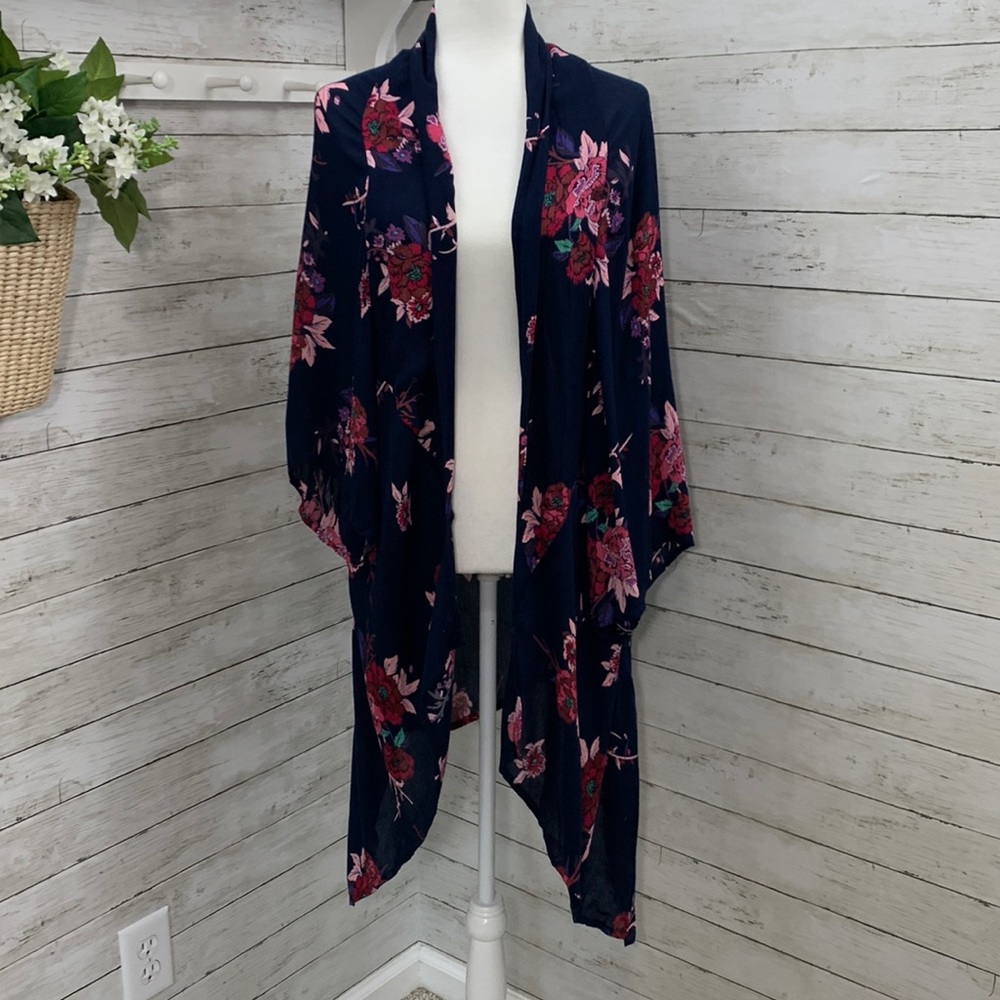 Patrons of Peace Navy Retro Floral Boho Kimono Robe One Size Fits Most